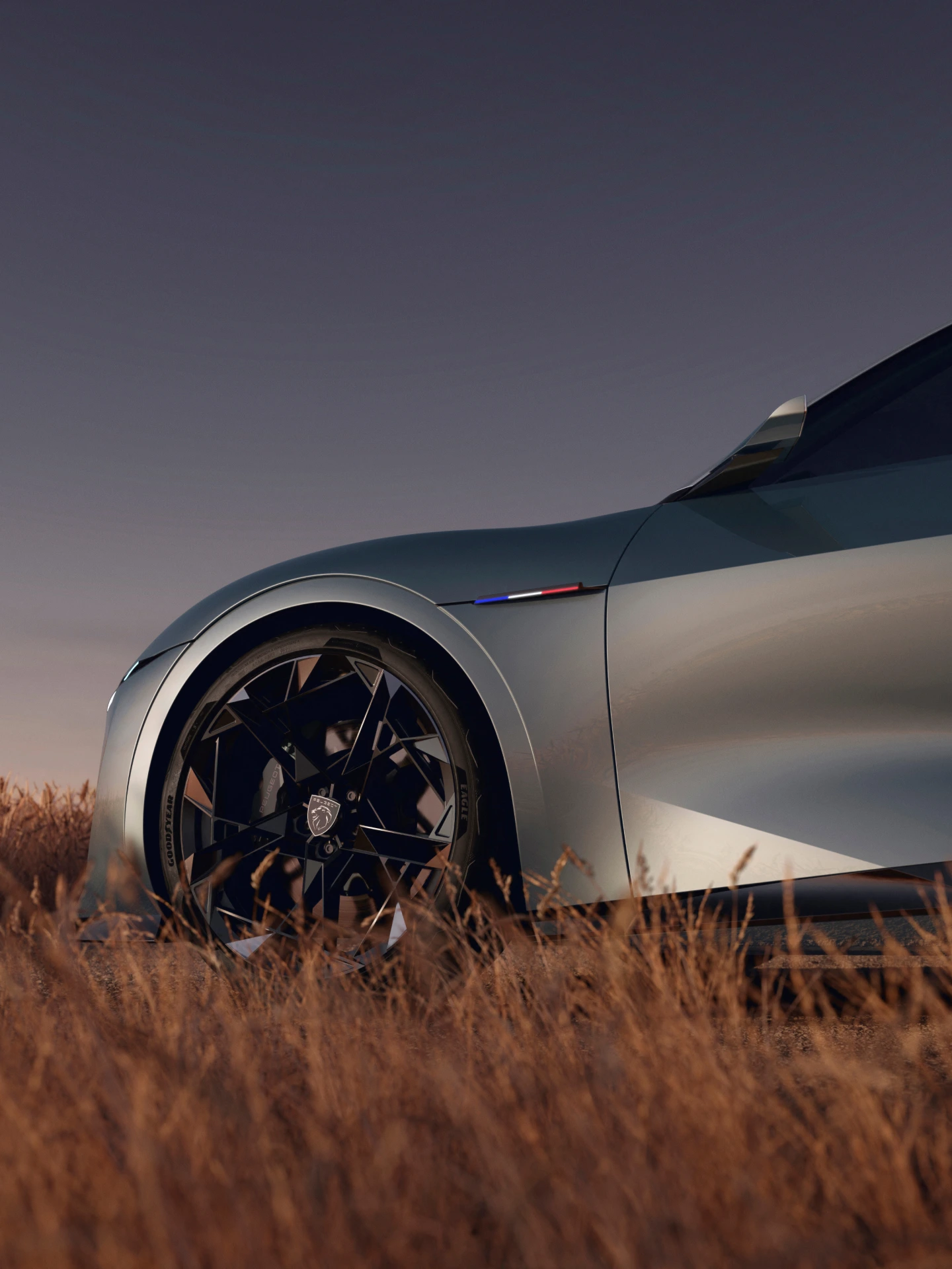Detail van het profiel van de PEUGEOT RCZ Vision: voorwiel, embleem en gebeeldhouwde lijnen